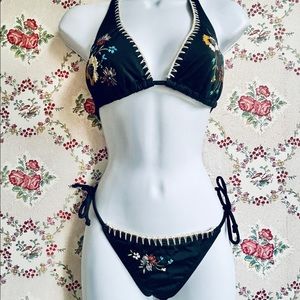 Embroidered string bikini. Black with colorful flowers. Boho swimsuit size S